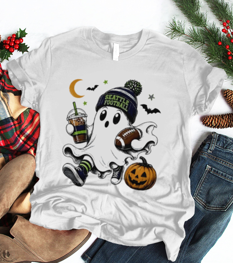 Seattle Football Halloween Ghost With Pumpkin Coffee And Moon T-Shirt