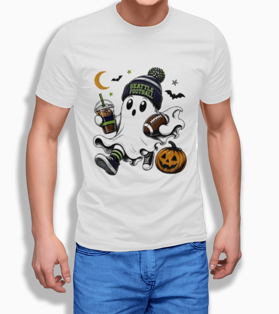 Seattle Football Halloween Ghost With Pumpkin Coffee And Moon T-Shirt