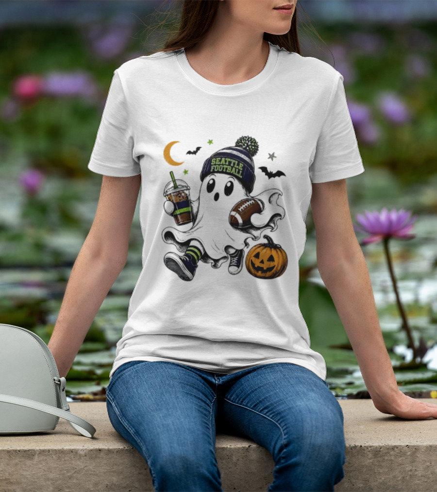 Seattle Football Halloween Ghost With Pumpkin Coffee And Moon T-Shirt