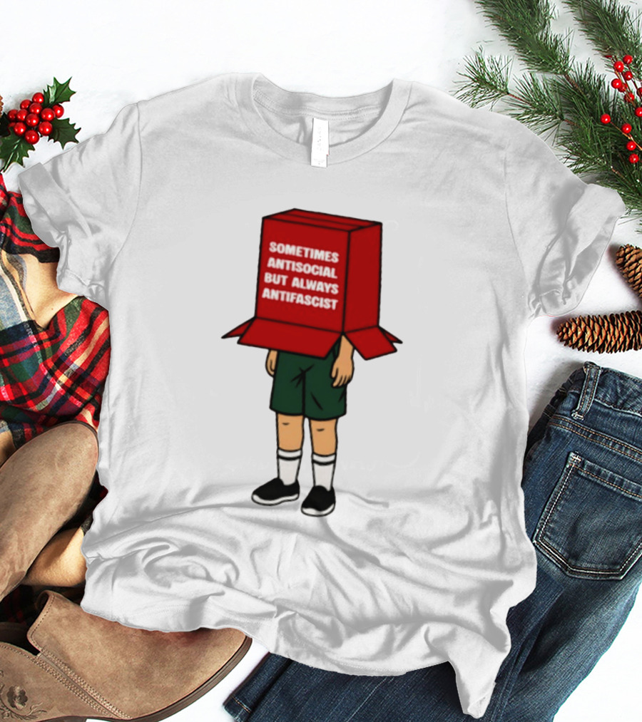 Sometimes Antisocial But Always Antifascist Box Head Cartoon T-Shirt