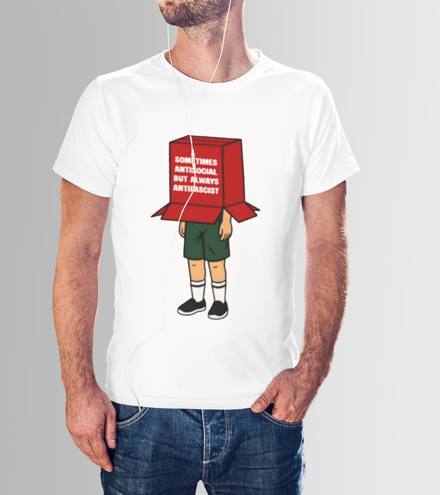 Sometimes Antisocial But Always Antifascist Box Head Cartoon T-Shirt