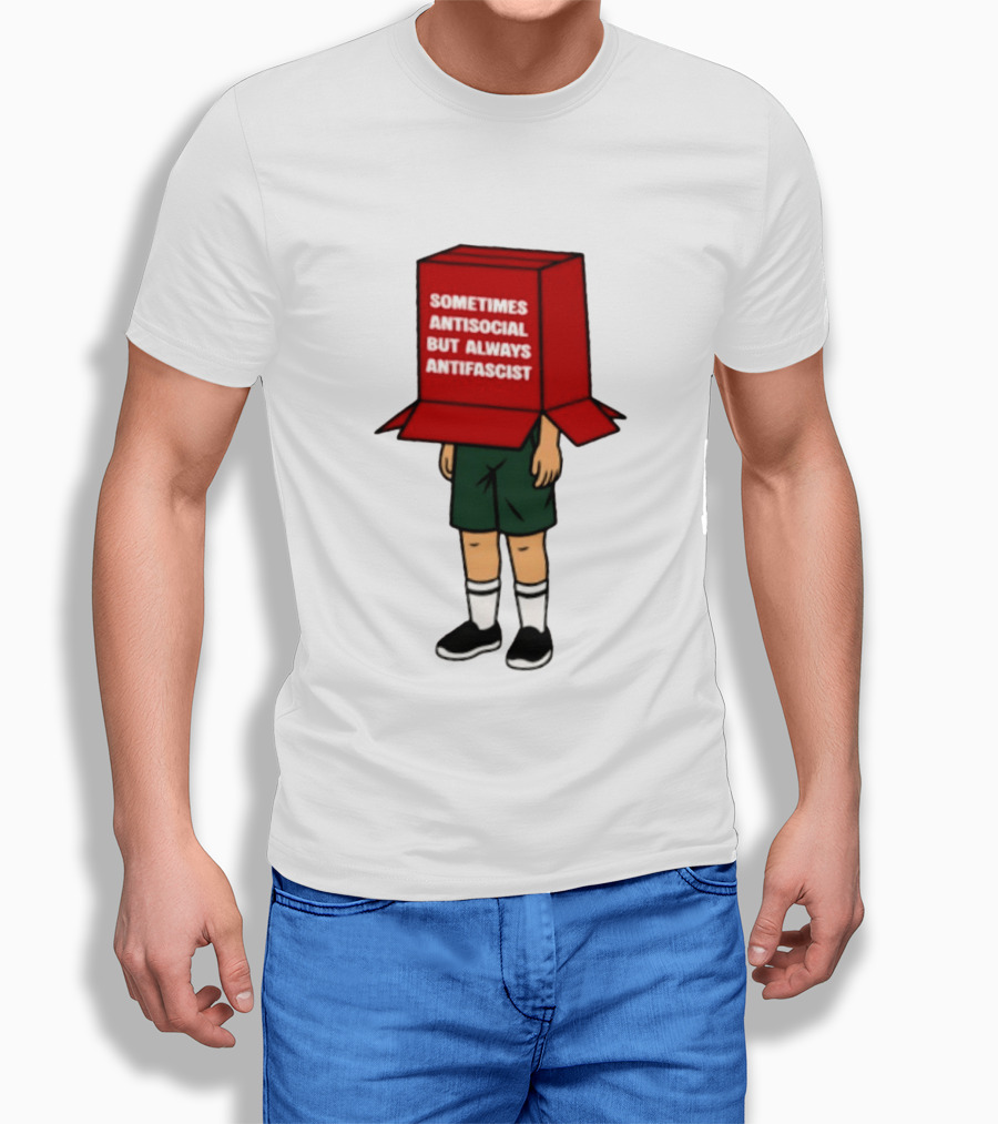 Sometimes Antisocial But Always Antifascist Box Head Cartoon T-Shirt
