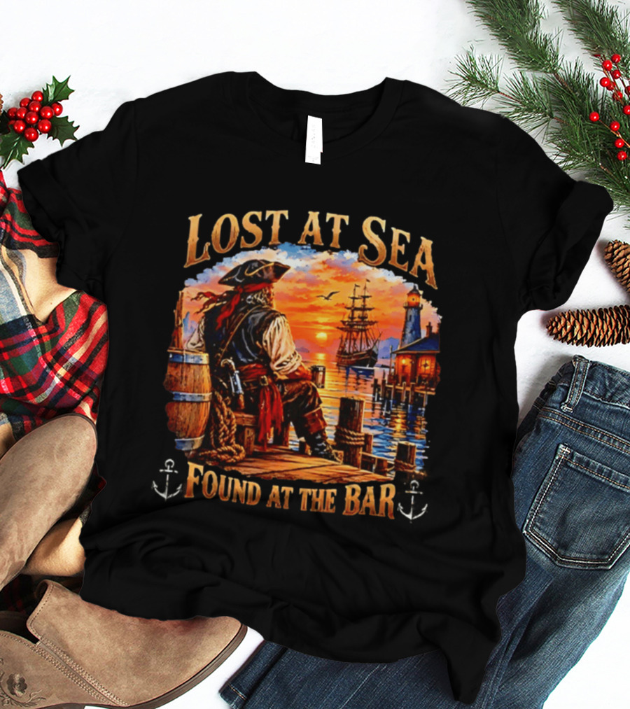 Lost At Sea Found At The Bar Pirate Sunset Sarcastic Humor T-Shirt