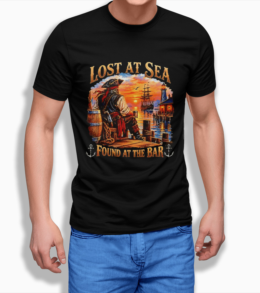 Lost At Sea Found At The Bar Pirate Sunset Sarcastic Humor T-Shirt