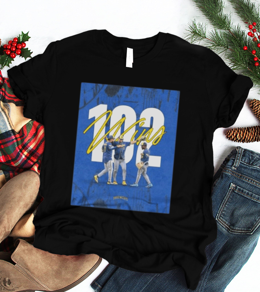 Milwaukee Brewers 102 Wins Blue Background Team Celebration T-Shirt