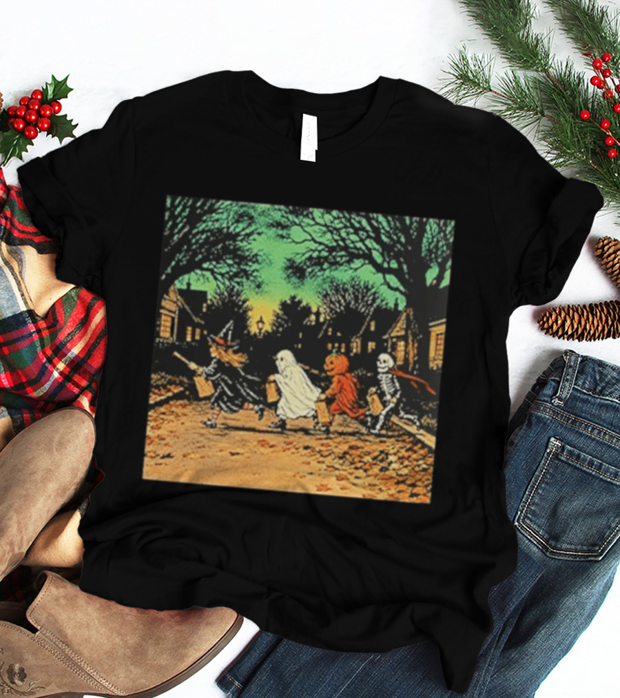 Trick Or Treat Witch Ghost Pumpkin Skeleton Halloween Scene T-Shirt