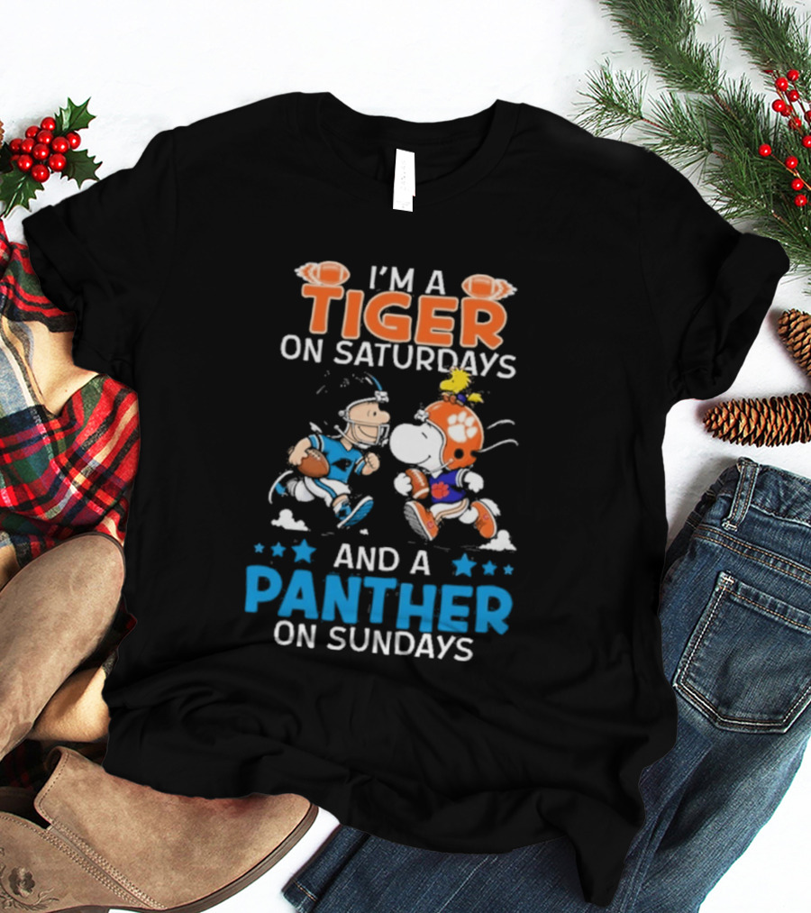 Charlie Brown Snoopy Tiger Saturdays Panther Sundays Football T-Shirt