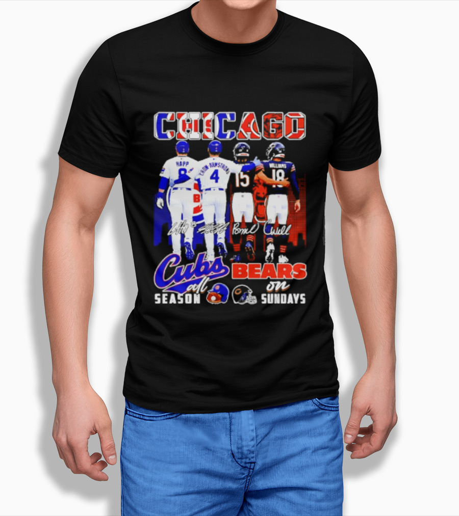 Chicago Cubs Happ And Bote Bears Fields And Moore Signature Skyline Sundays All Season T-Shirt