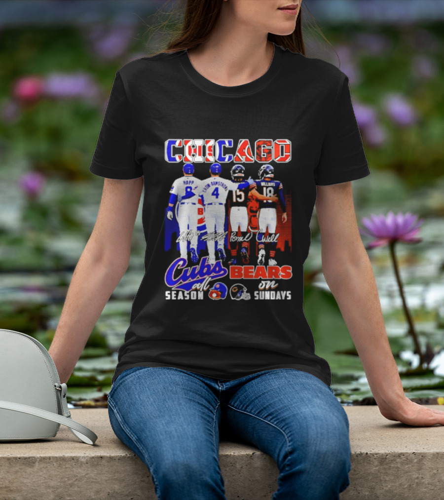 Chicago Cubs Happ And Bote Bears Fields And Moore Signature Skyline Sundays All Season T-Shirt
