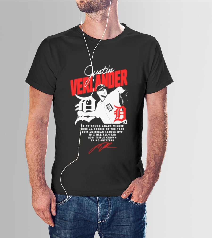 Detroit Tigers Justin Verlander No Hitter AL Rookie MVP Cy Young Winner MLB Career T-Shirt