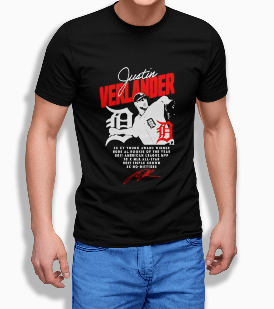 Detroit Tigers Justin Verlander No Hitter AL Rookie MVP Cy Young Winner MLB Career T-Shirt