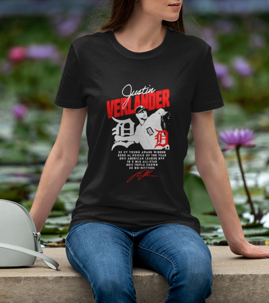 Detroit Tigers Justin Verlander No Hitter AL Rookie MVP Cy Young Winner MLB Career T-Shirt