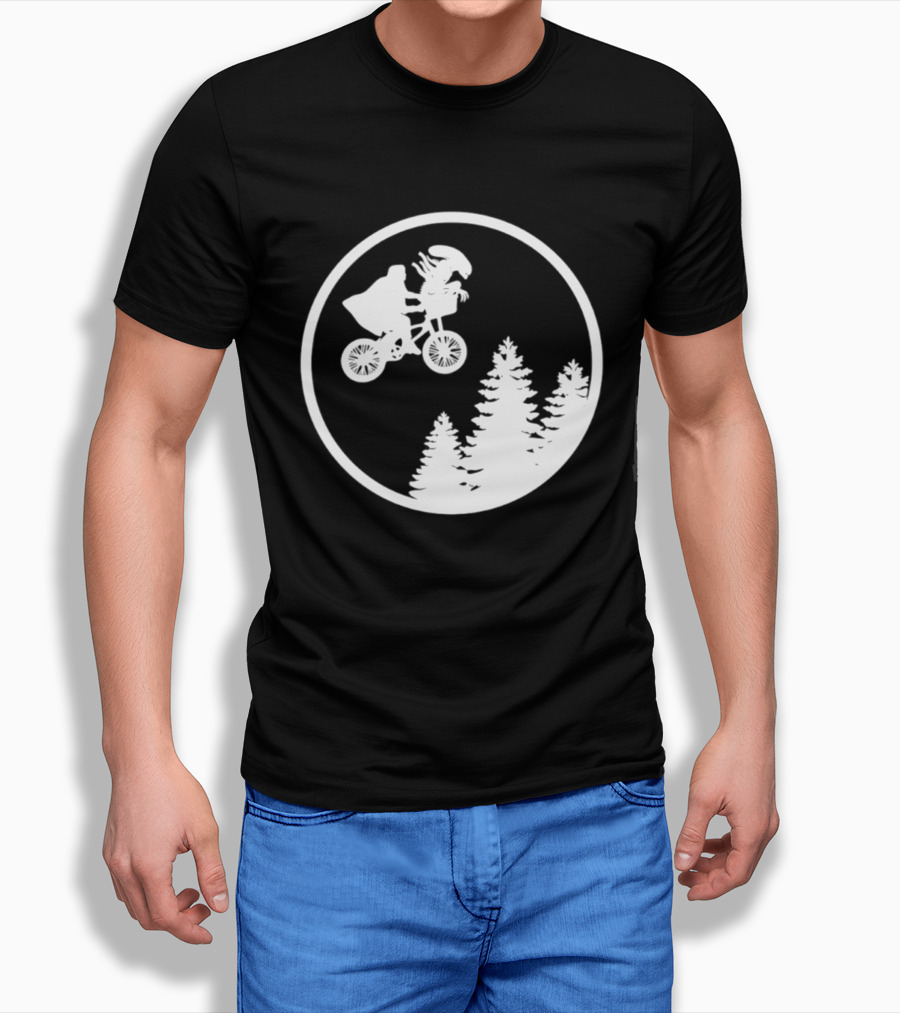 Alien On Bicycle With Trees In Circle Flying Scene 2026 T-Shirt