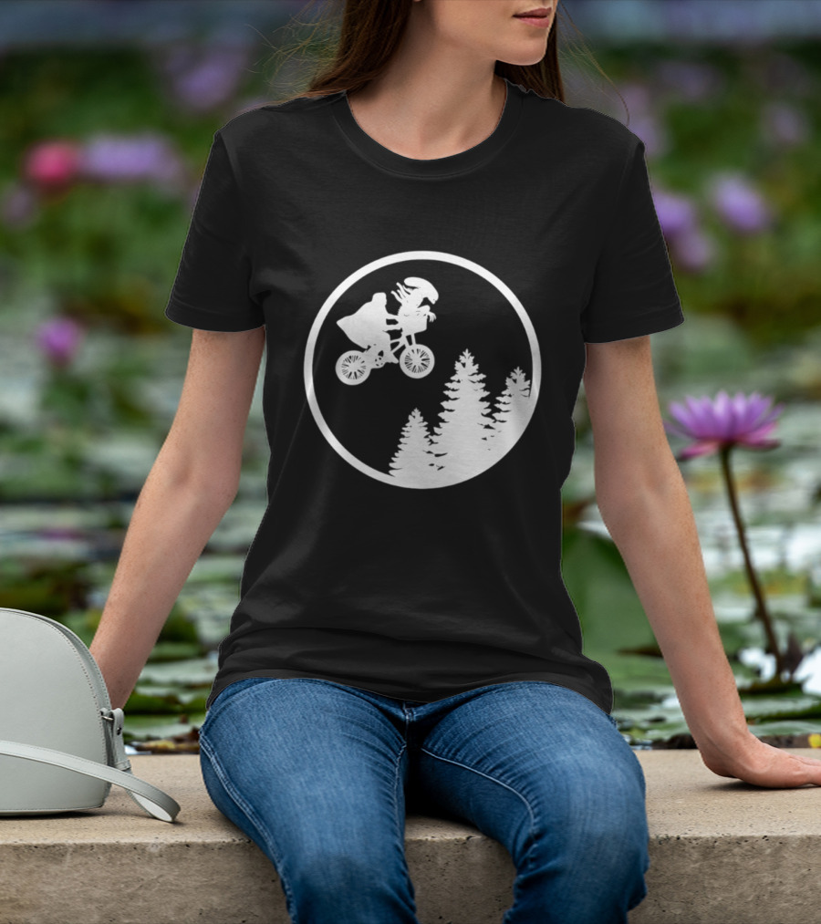 Alien On Bicycle With Trees In Circle Flying Scene 2026 T-Shirt