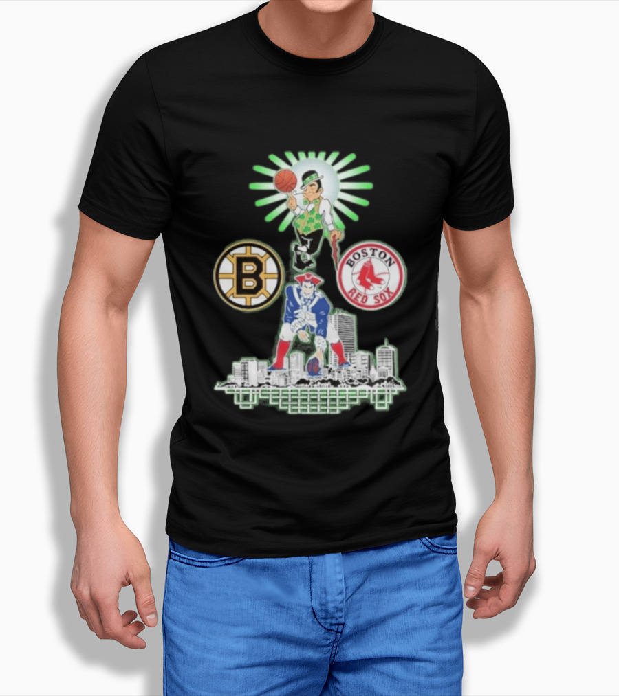 Boston Celtics Red Sox Bruins Skyline Triple Team Sports Boston T-Shirt