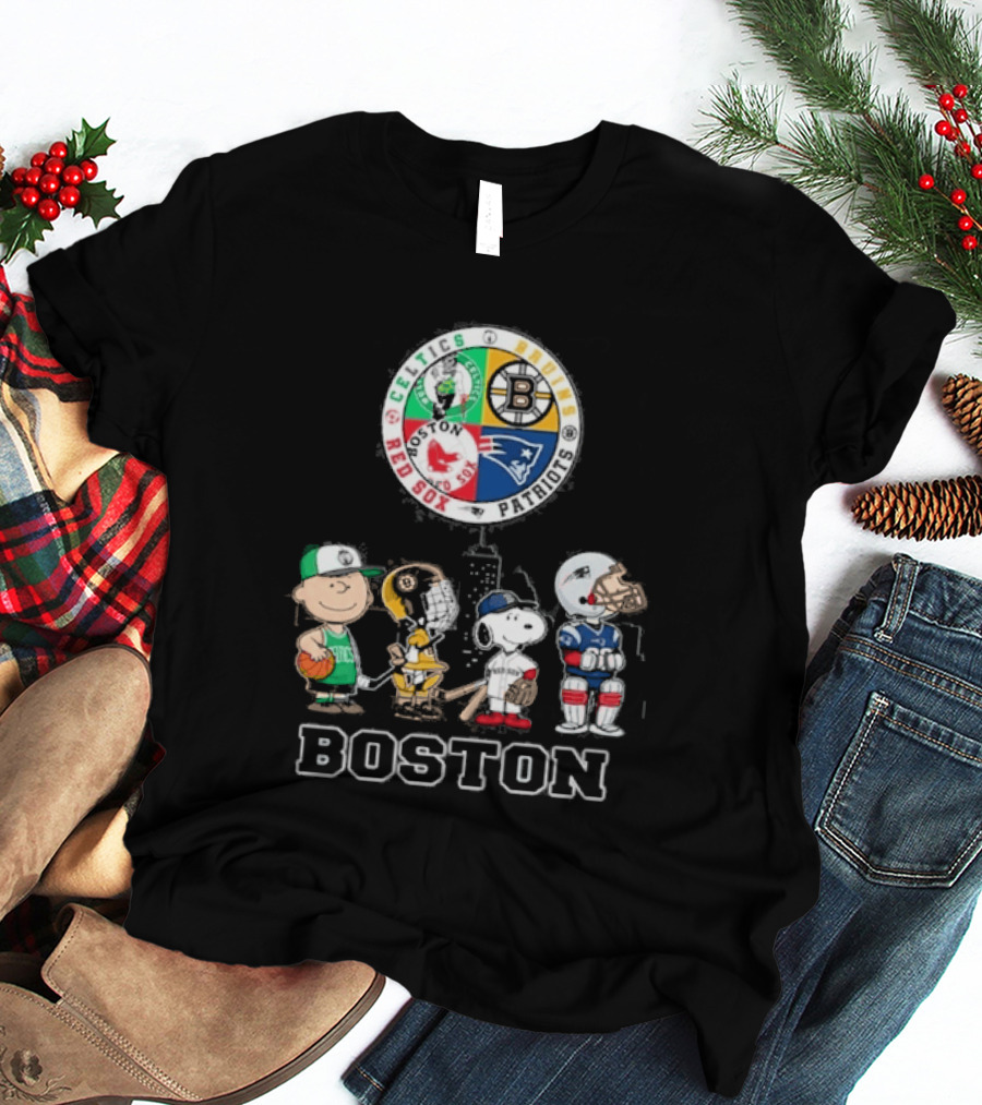 Boston Celtics Bruins Red Sox Patriots Cartoon Characters Skyline Sports T-Shirt