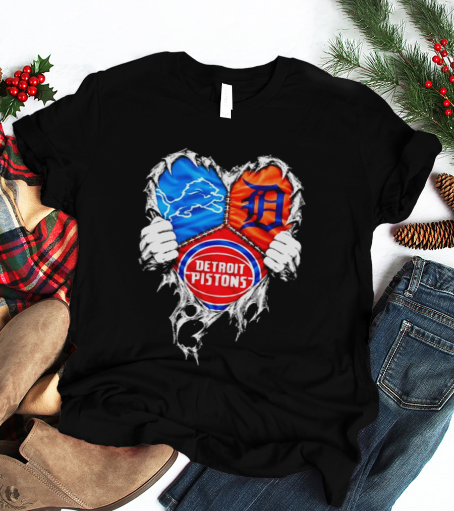 Detroit Lions Tigers Pistons Heart Scratch Mashup T-Shirt
