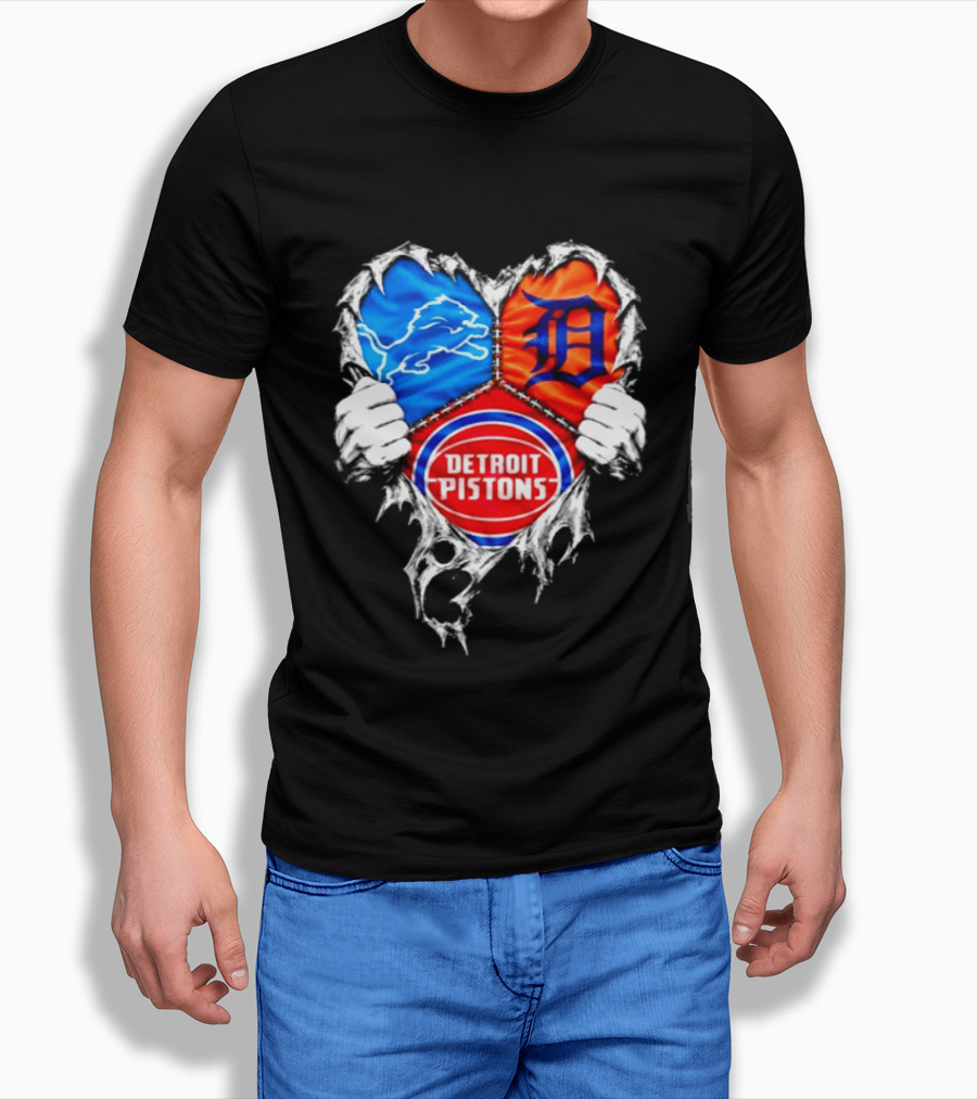 Detroit Lions Tigers Pistons Heart Scratch Mashup T-Shirt