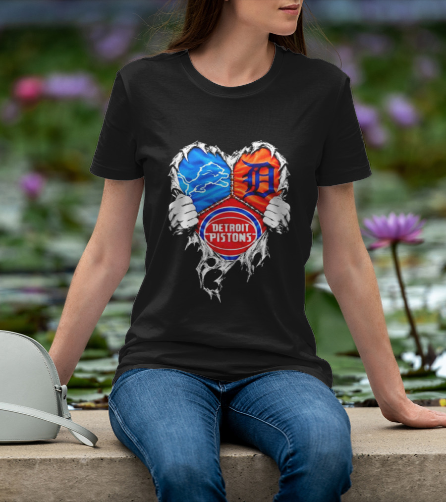 Detroit Lions Tigers Pistons Heart Scratch Mashup T-Shirt