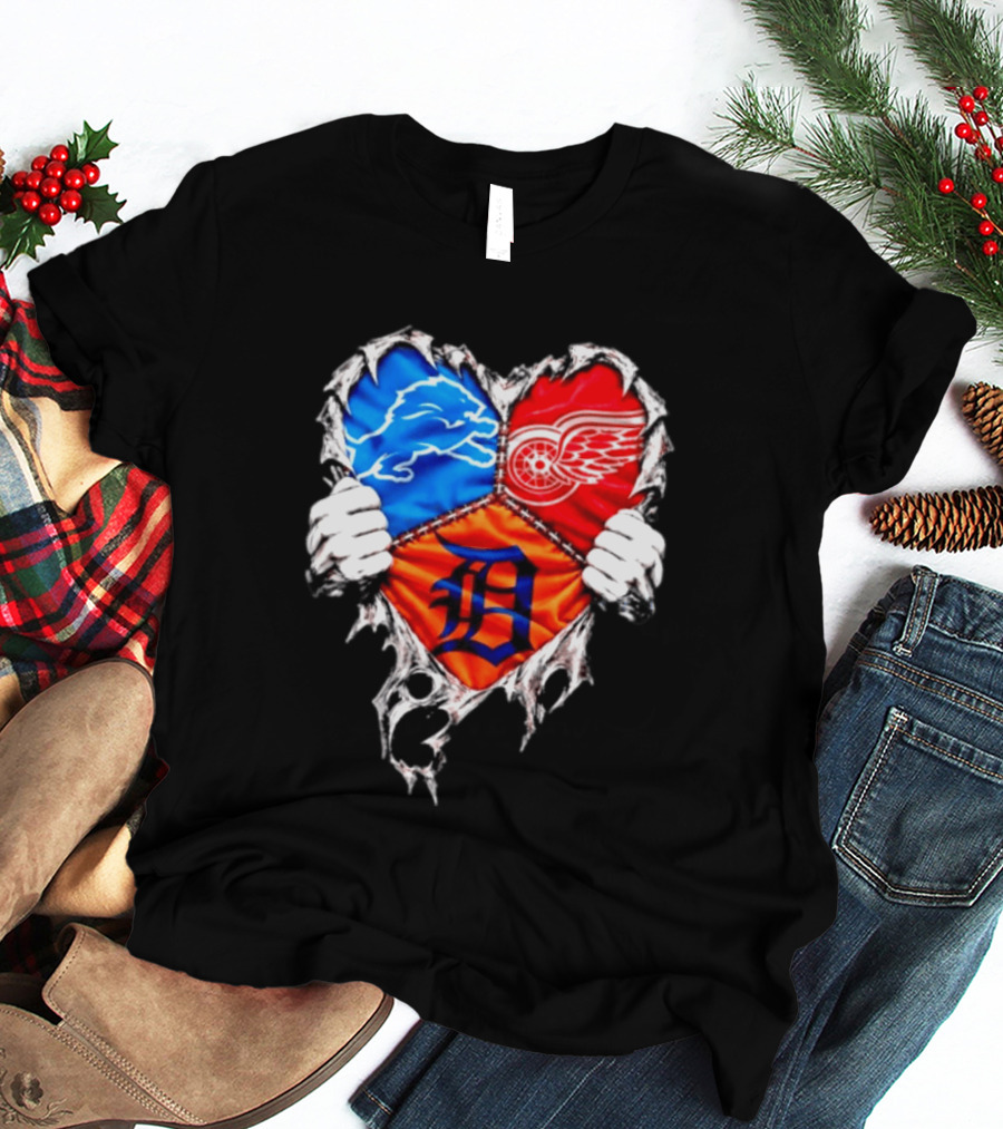 Detroit Lions Red Wings Tigers Heart Scratch Mashup T-Shirt