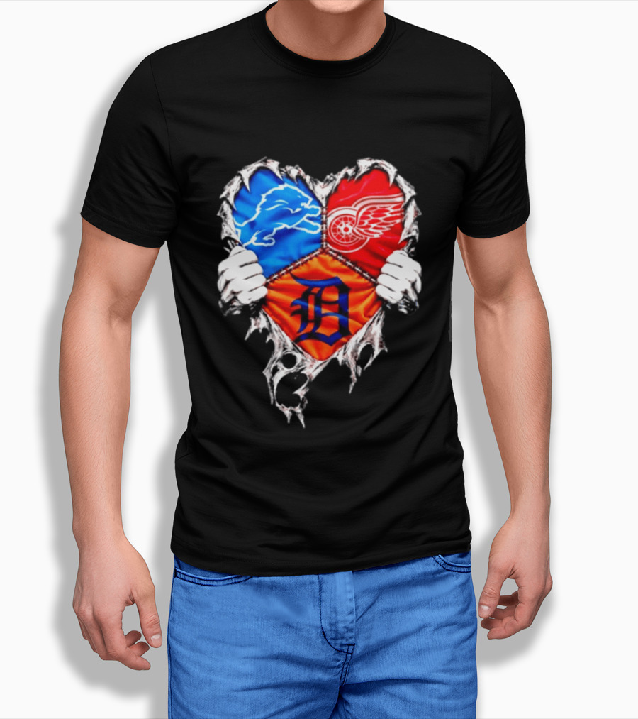 Detroit Lions Red Wings Tigers Heart Scratch Mashup T-Shirt