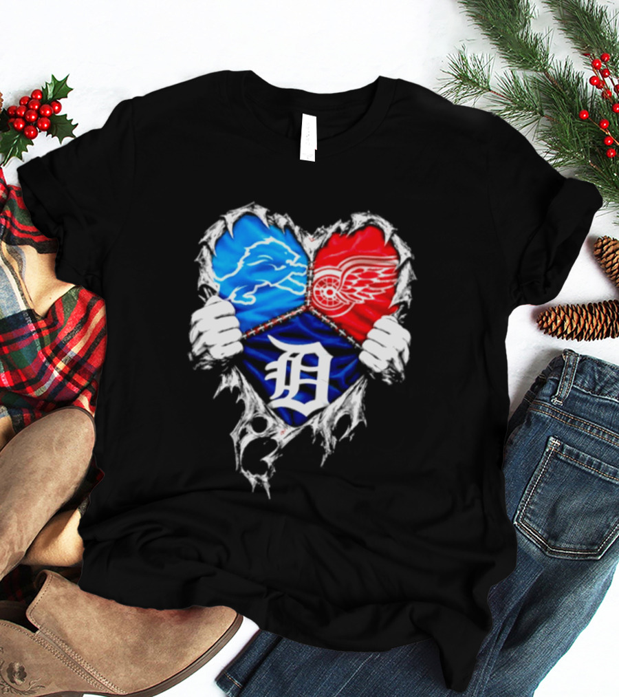 Detroit Lions Red Wings Tigers Heart Scratch Mashup T-Shirt