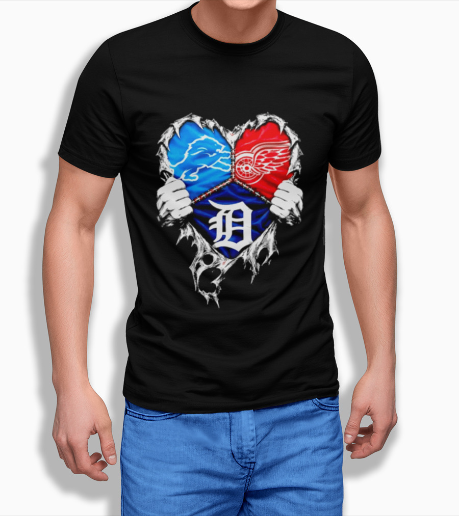 Detroit Lions Red Wings Tigers Heart Scratch Mashup T-Shirt
