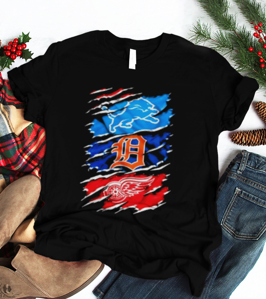 Detroit Lions Tigers Red Wings Scratch Mashup T-Shirt