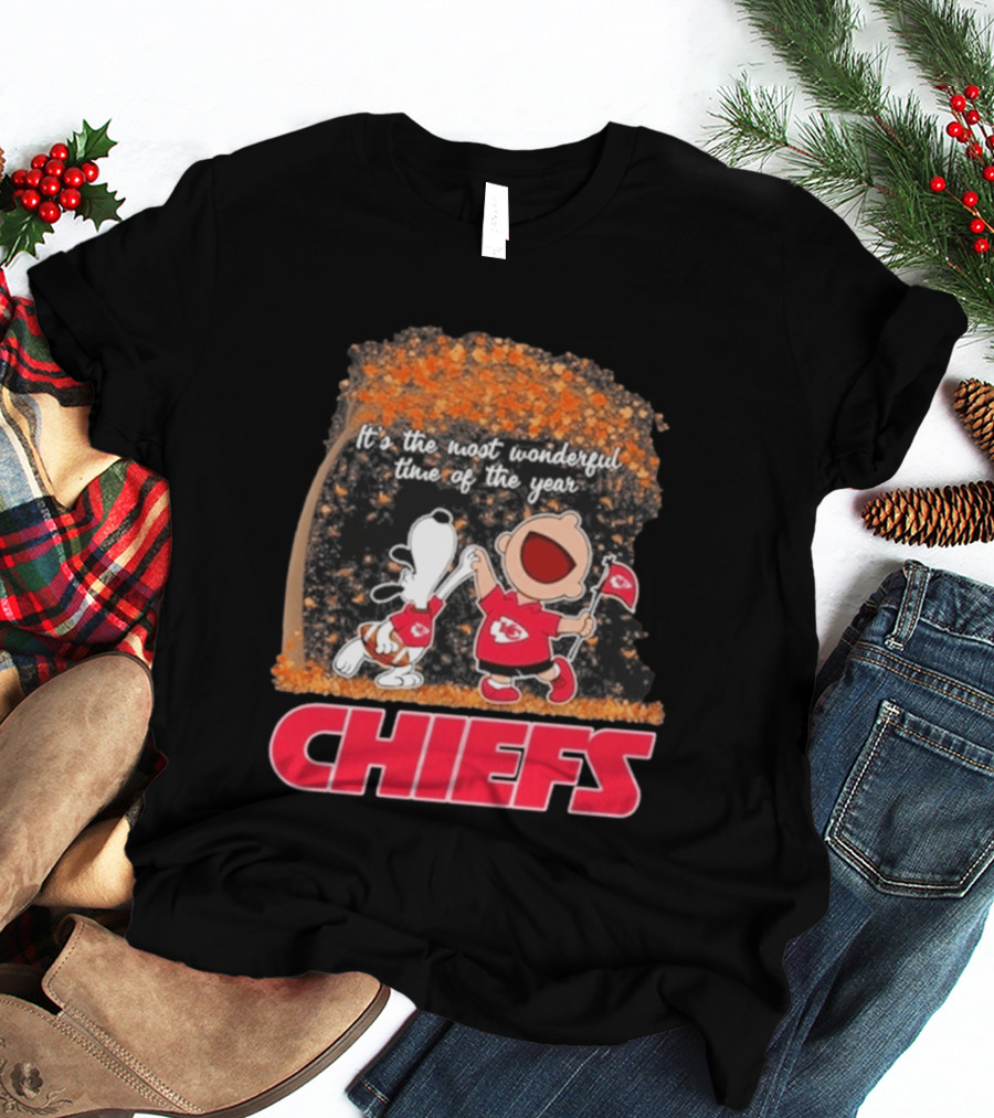 Kansas City Chiefs Snoopy Charlie Brown Dancing It's The Most Wonderful Time Of The Year T-Shirt