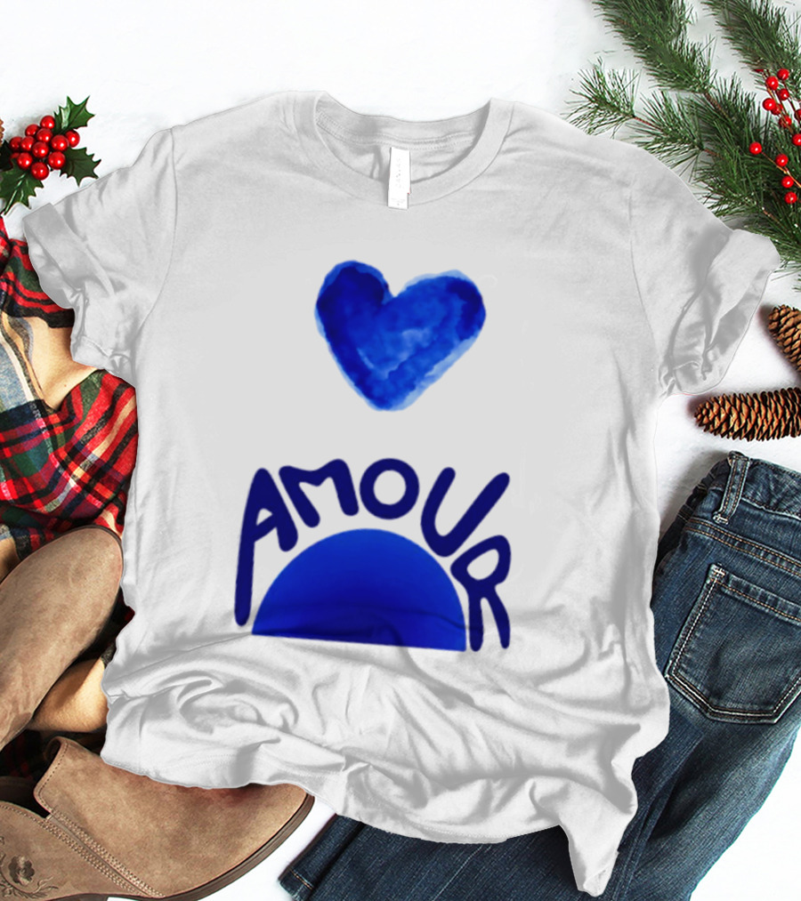 Amour Blue Heart French Love Watercolor T-Shirt