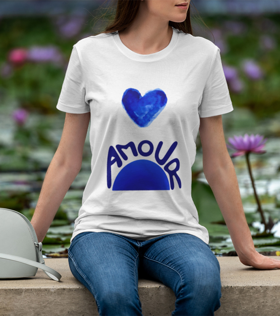 Amour Blue Heart French Love Watercolor T-Shirt