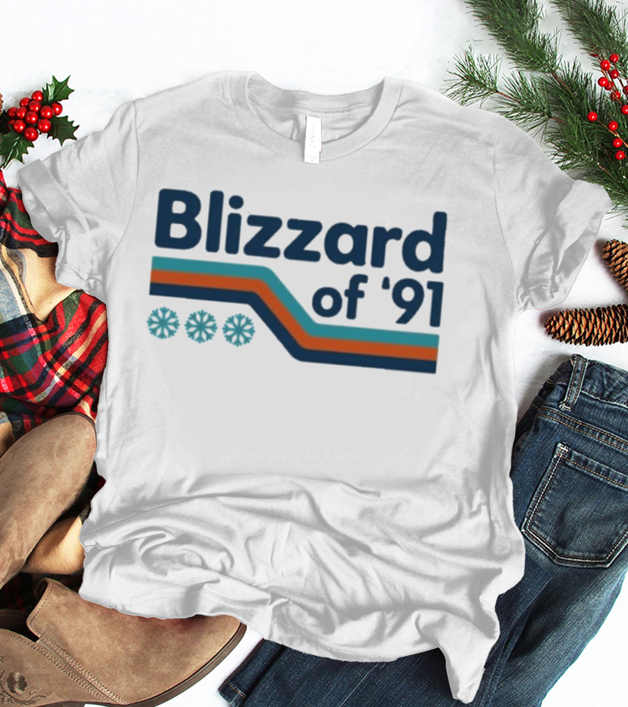 Blizzard Of '91 Retro Winter Snowflakes And Stripes T-Shirt