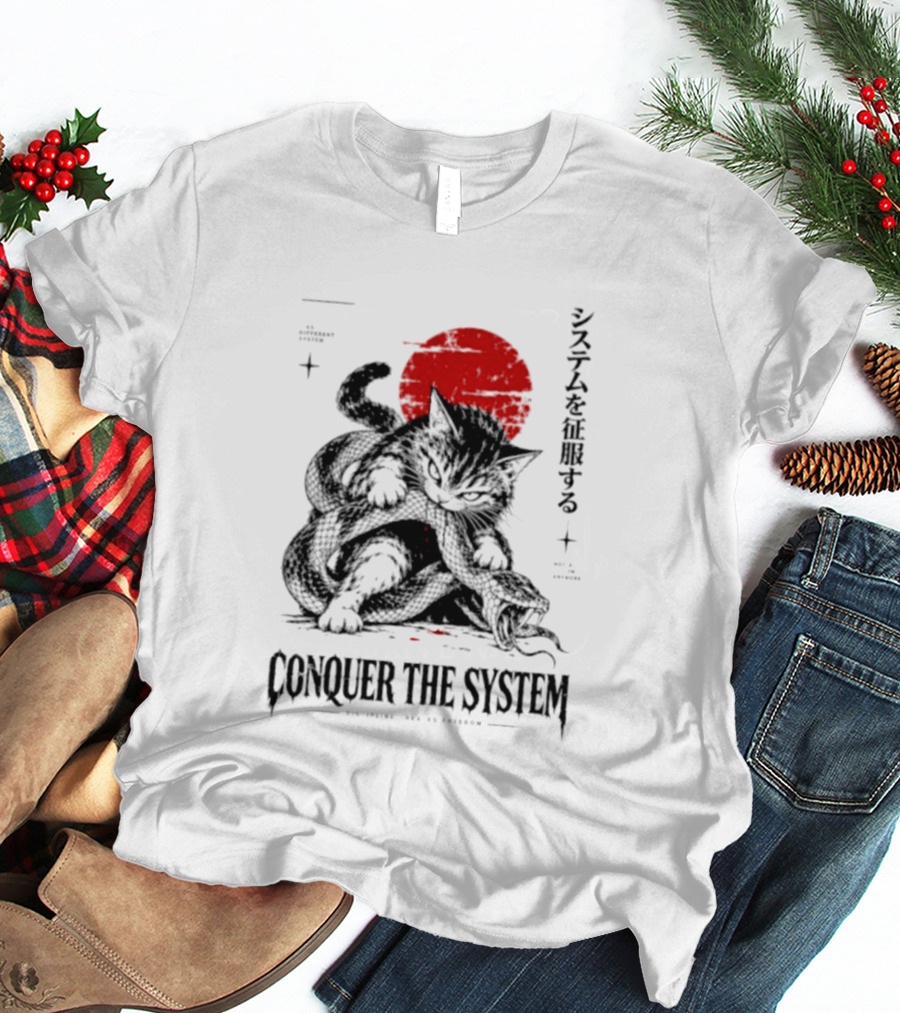 Cat Conquer The System Discipline Creates Freedom Japanese Style Red Sun T-Shirt