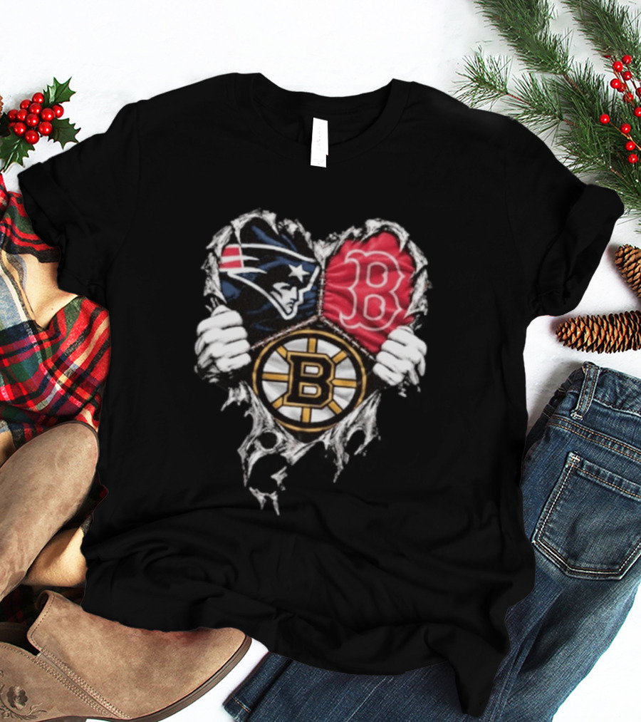 New England Patriots Boston Red Sox Boston Bruins Heart Iconic Trio T-Shirt