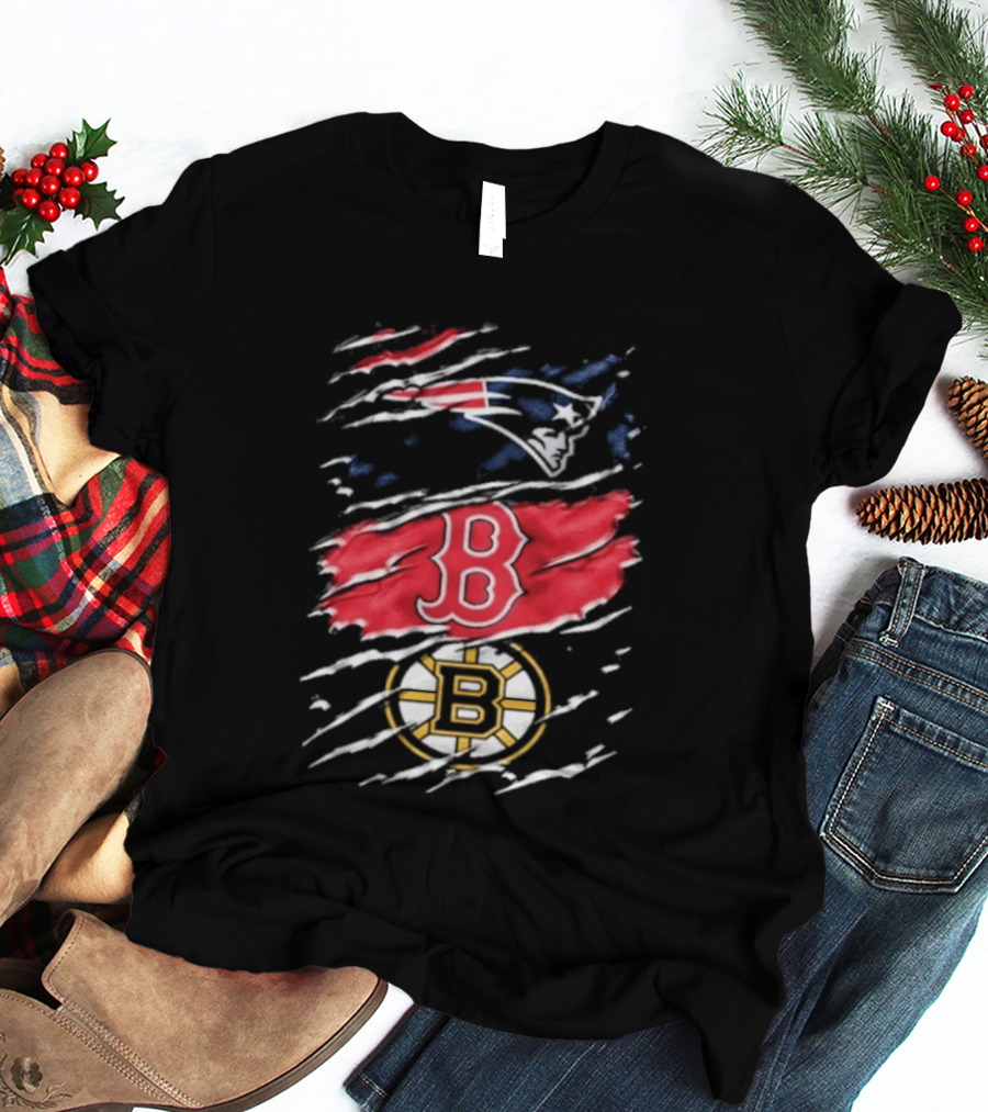 New England Patriots Boston Red Sox Boston Bruins Ripped Distressed Triple Team Sports T-Shirt