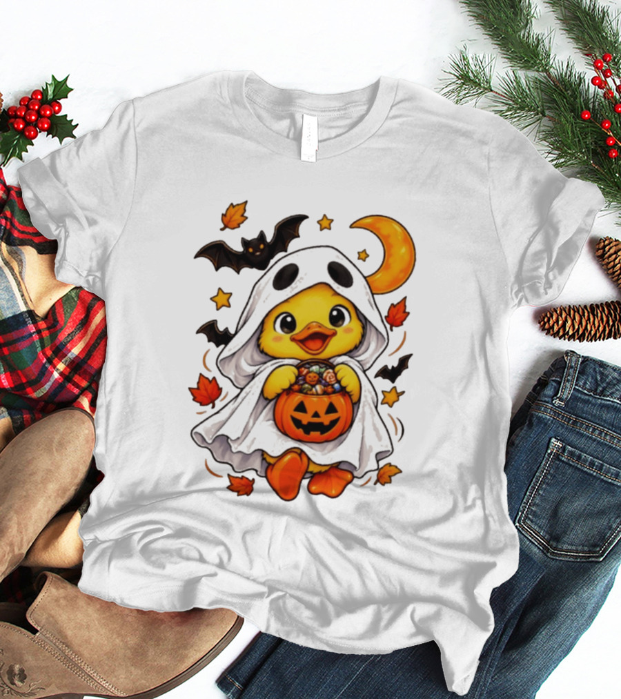 Ghost Ducking With Halloween Pumpkin Candy Bucket Bat Moon And Stars T-Shirt