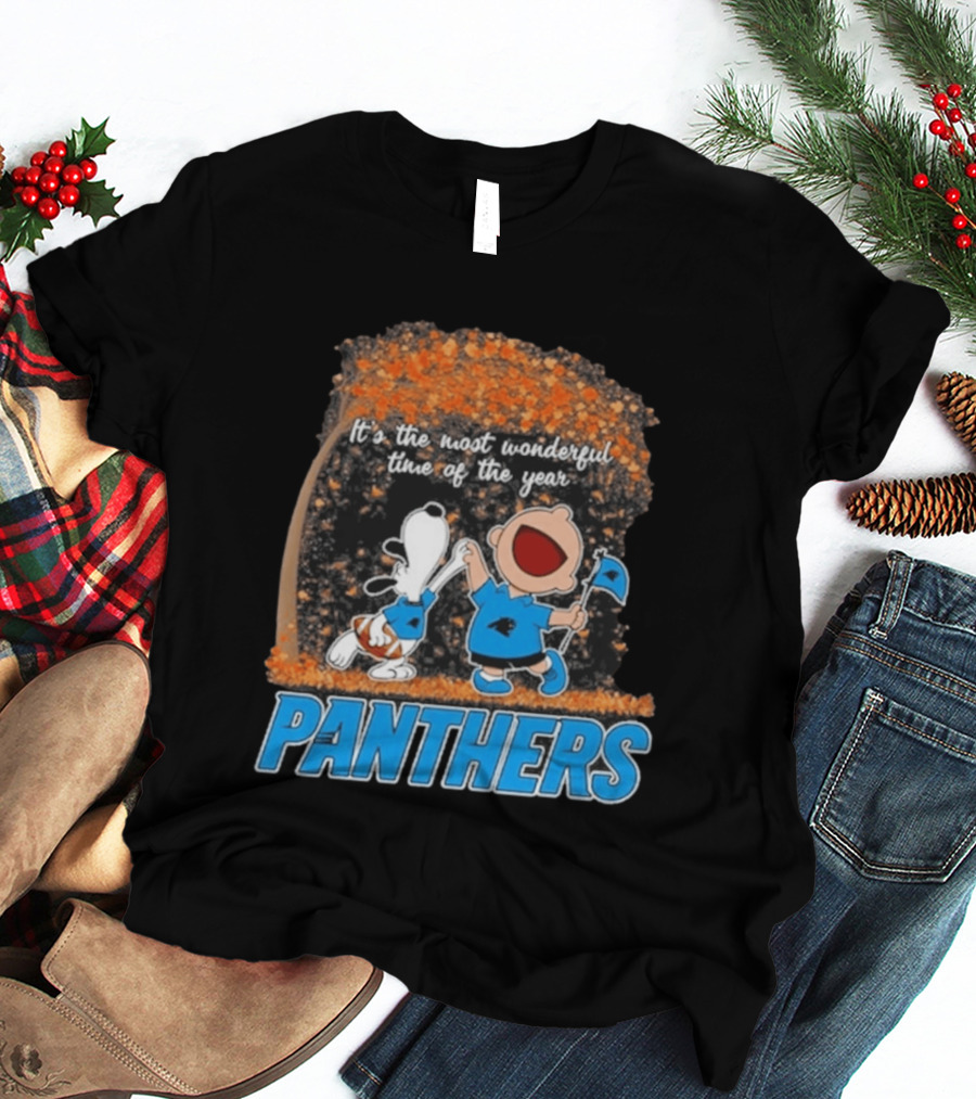 Carolina Panthers Snoopy Charlie Brown Dancing It's The Most Wonderful Time Of The Year 2026 T-Shirt