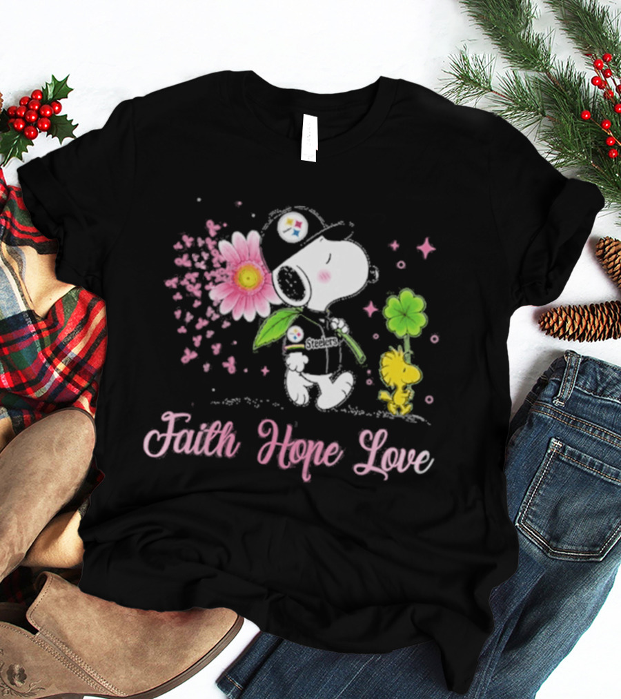 Pittsburgh Steelers Snoopy Woodstock 2026 Faith Hope Love Breast Cancer Awareness T-Shirt