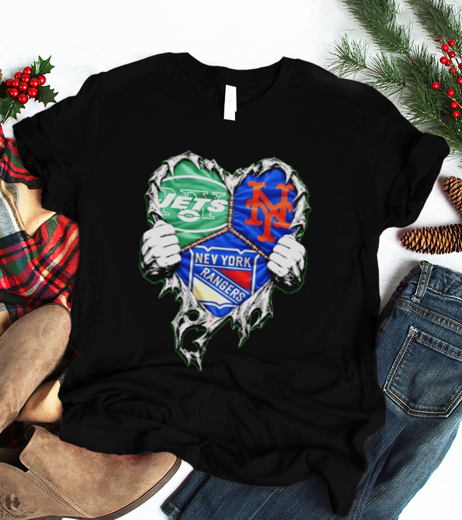 New York Jets Mets Rangers Heart Mashup Scratch T-Shirt