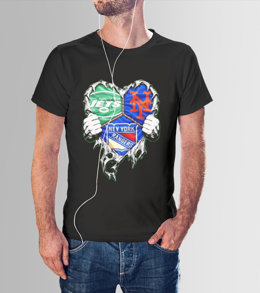 New York Jets Mets Rangers Heart Mashup Scratch T-Shirt