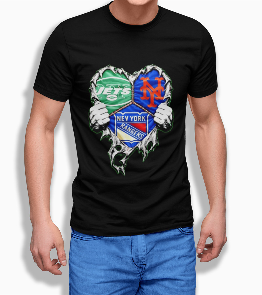 New York Jets Mets Rangers Heart Mashup Scratch T-Shirt