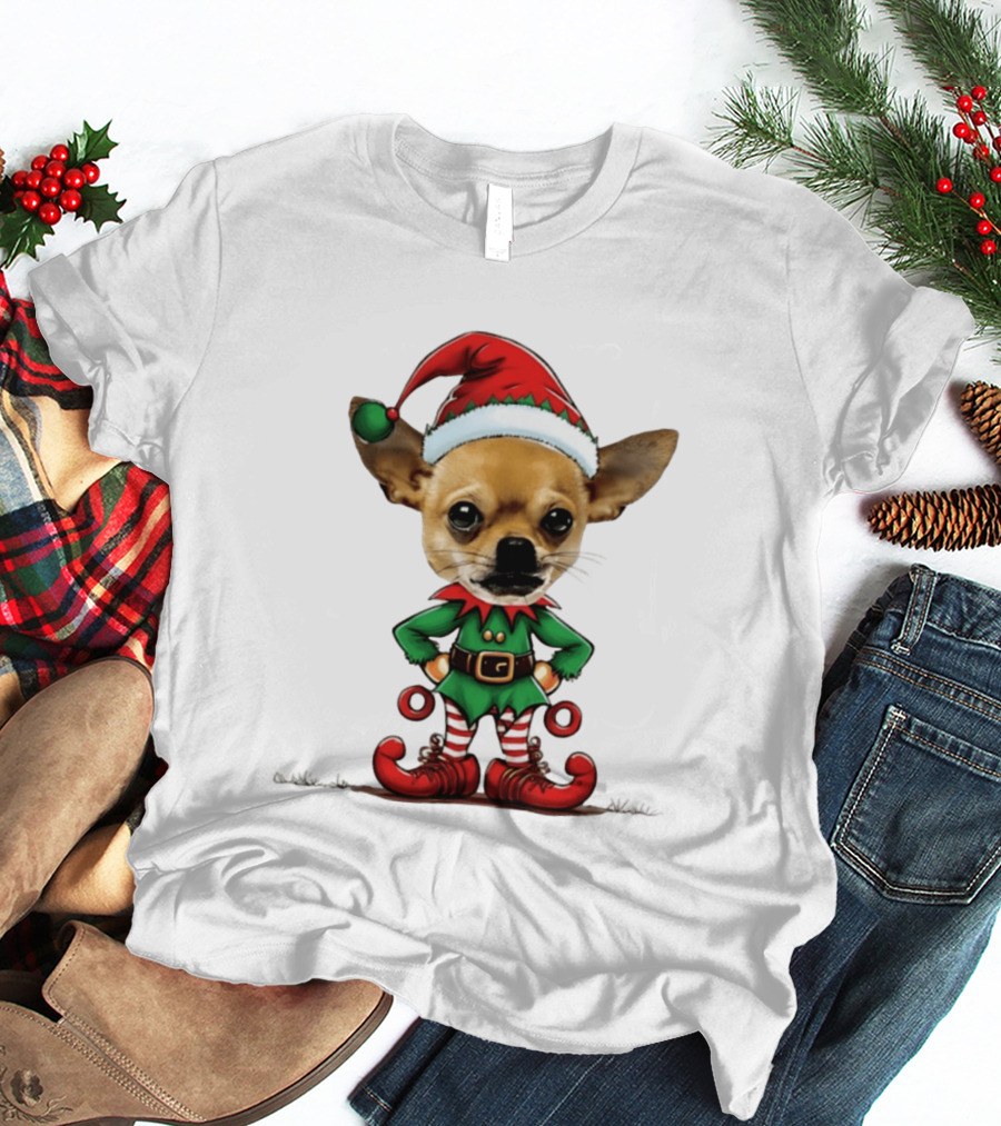 Chihuahua Elf Christmas 2026 Humor Meme Festive Dog In Santa Hat And Green Elf Outfit T-Shirt