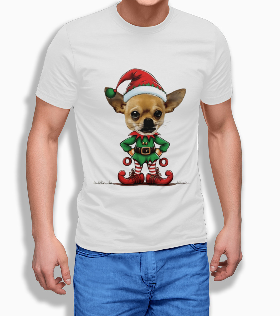 Chihuahua Elf Christmas 2026 Humor Meme Festive Dog In Santa Hat And Green Elf Outfit T-Shirt