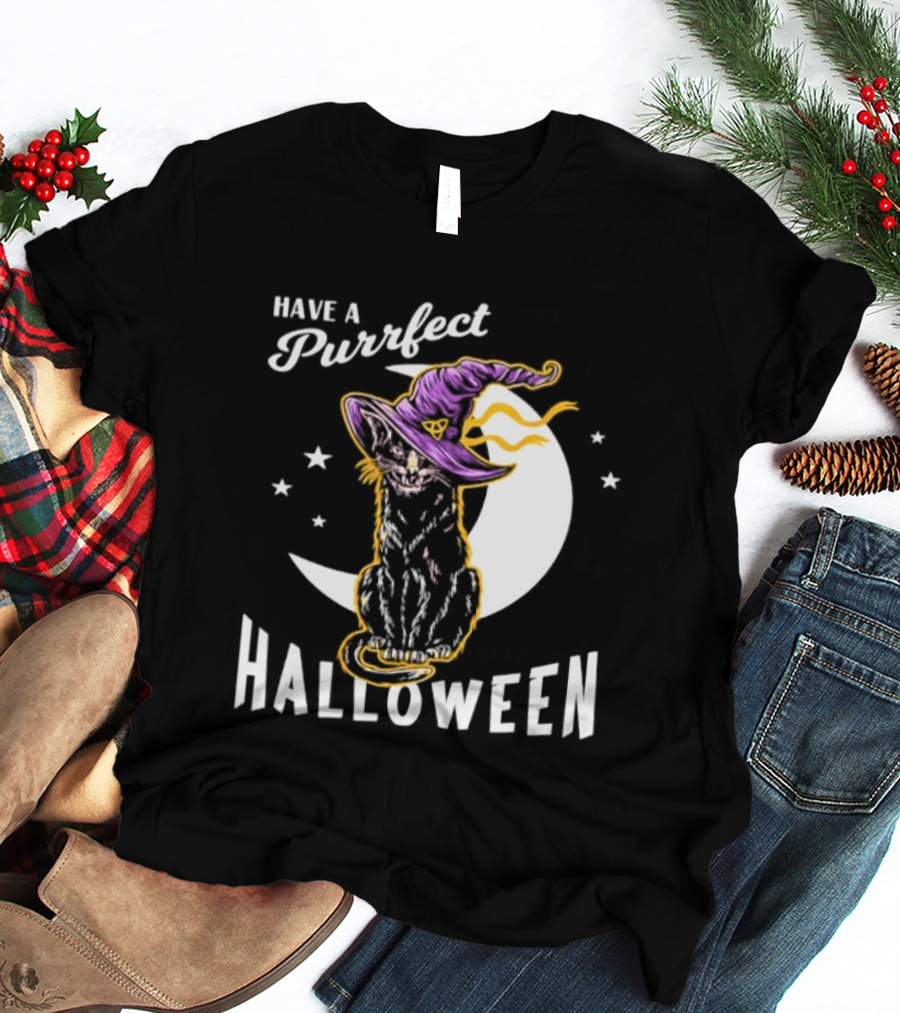 Have A Purrfect Halloween Black Cat And Moon With Witch Hat T-Shirt