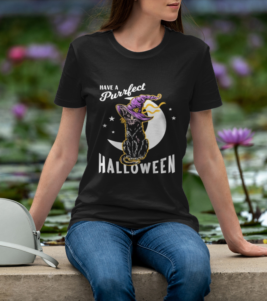 Have A Purrfect Halloween Black Cat And Moon With Witch Hat T-Shirt