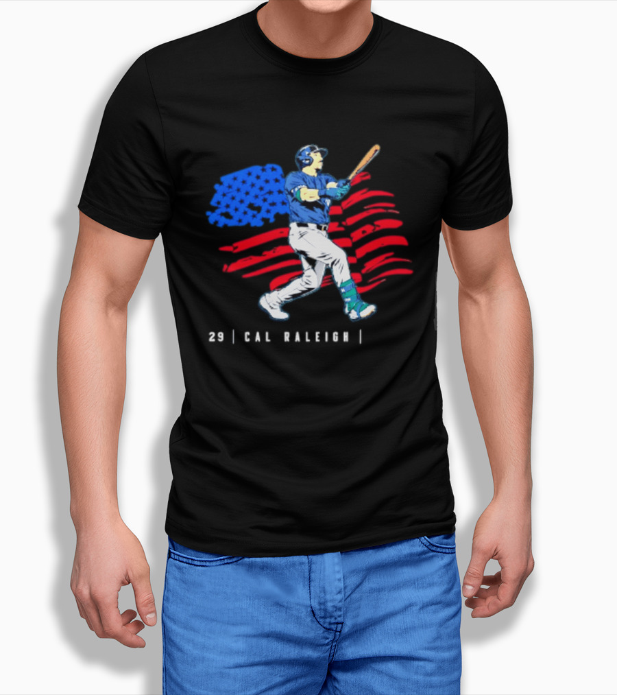 Cal Raleigh Baseball USA Flag Seattle Seahawks T-Shirt