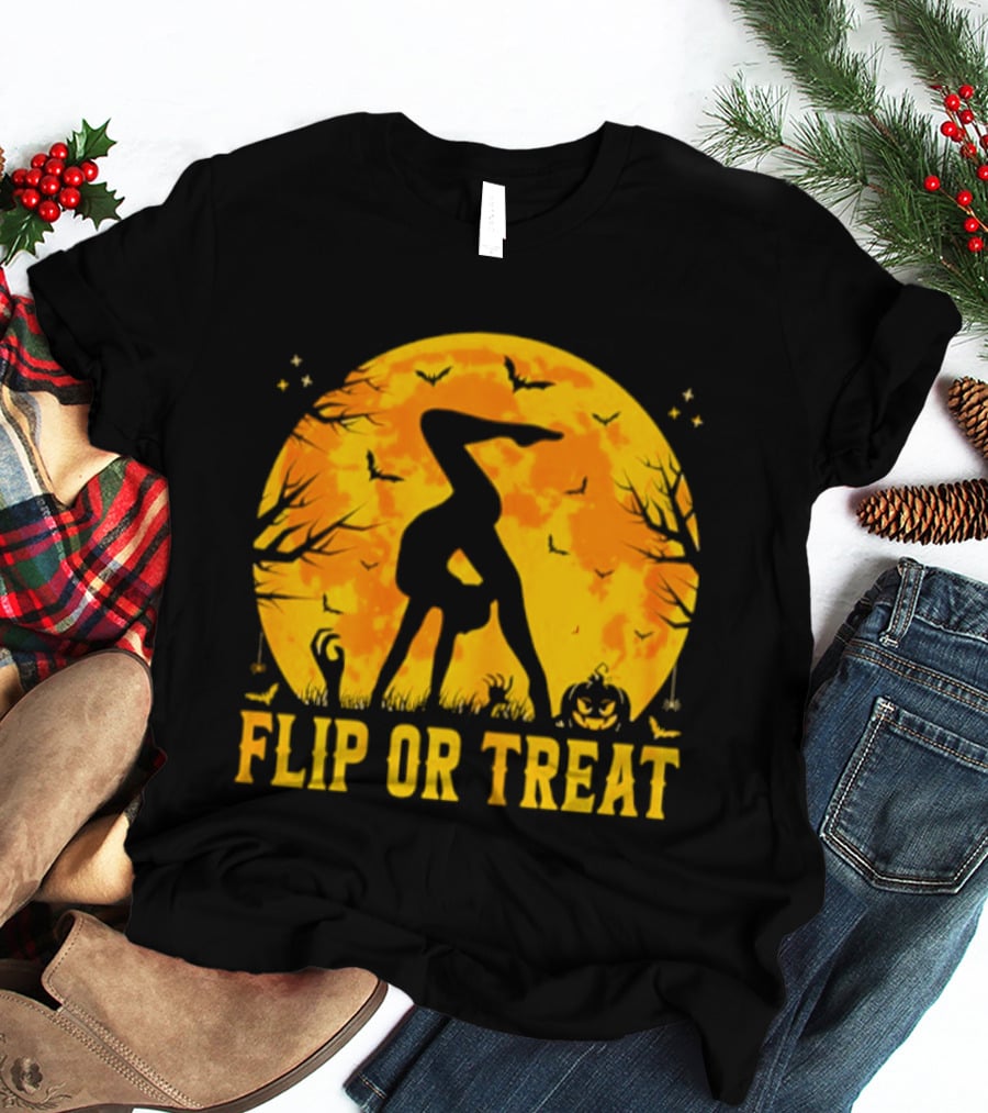 Flip Or Treat Halloween Gymnastics Moon Silhouette Spooky Pumpkin T-Shirt