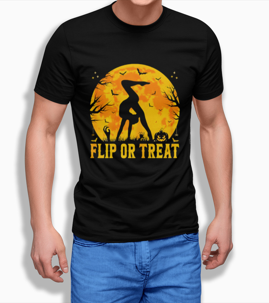 Flip Or Treat Halloween Gymnastics Moon Silhouette Spooky Pumpkin T-Shirt