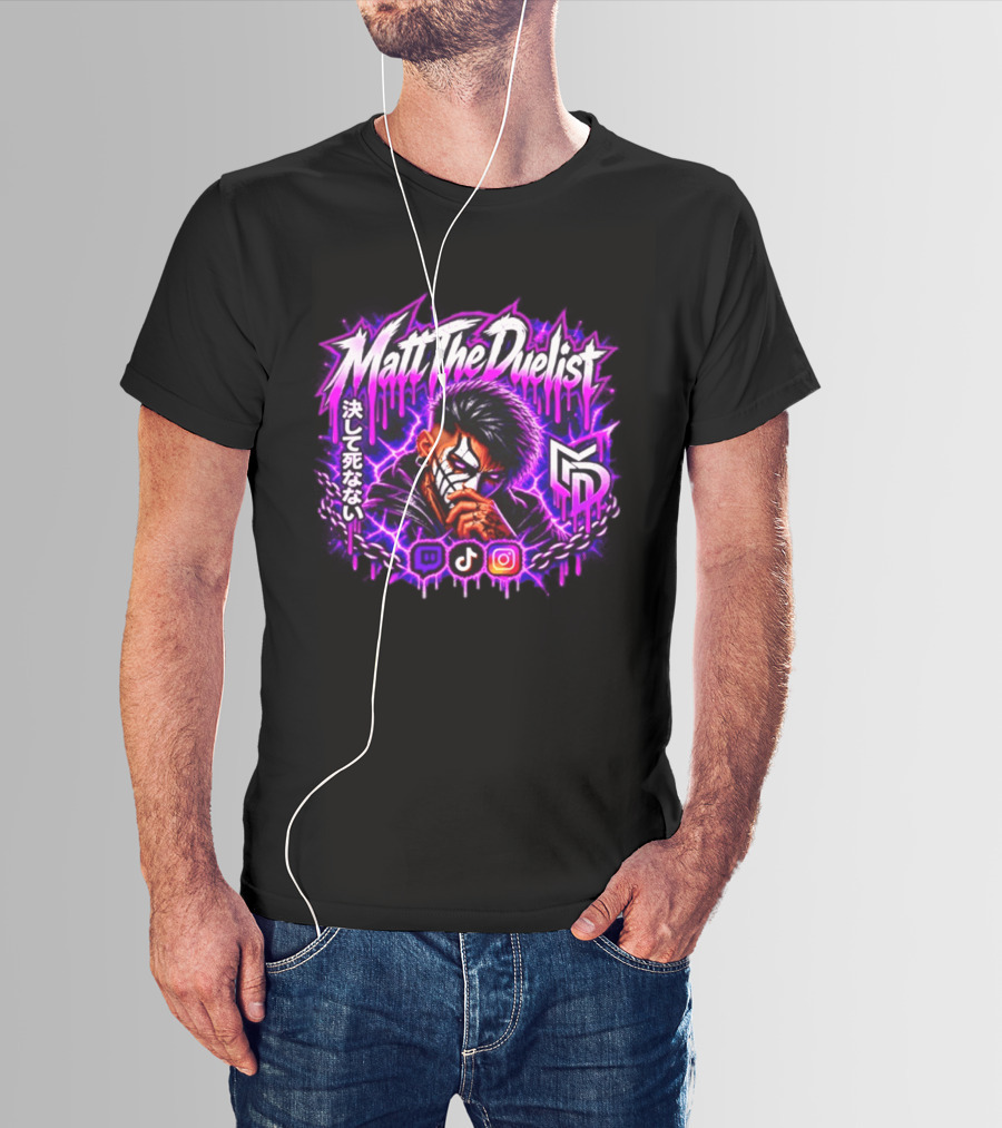 Matt The Duelist Freelance MTD Anime Gamer Mask Neon Purple Kanji T-Shirt