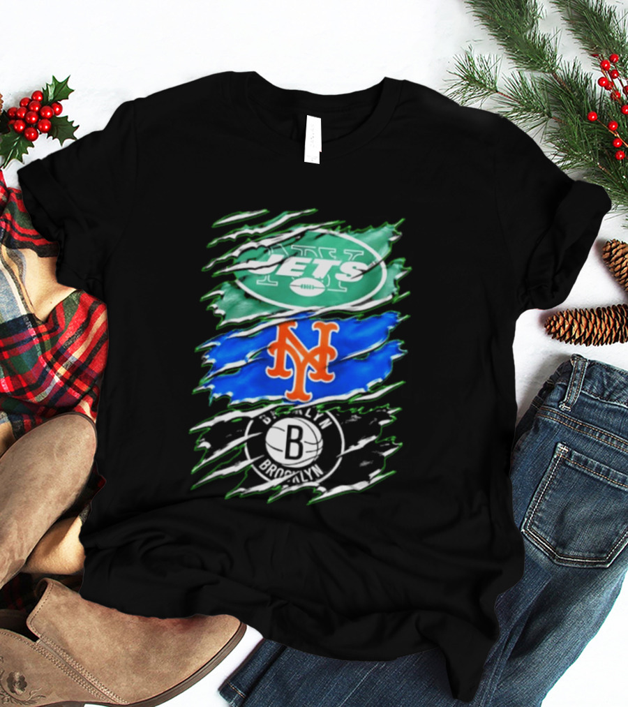 New York Jets Mets Brooklyn Nets Scratch Logo Mashup T-Shirt